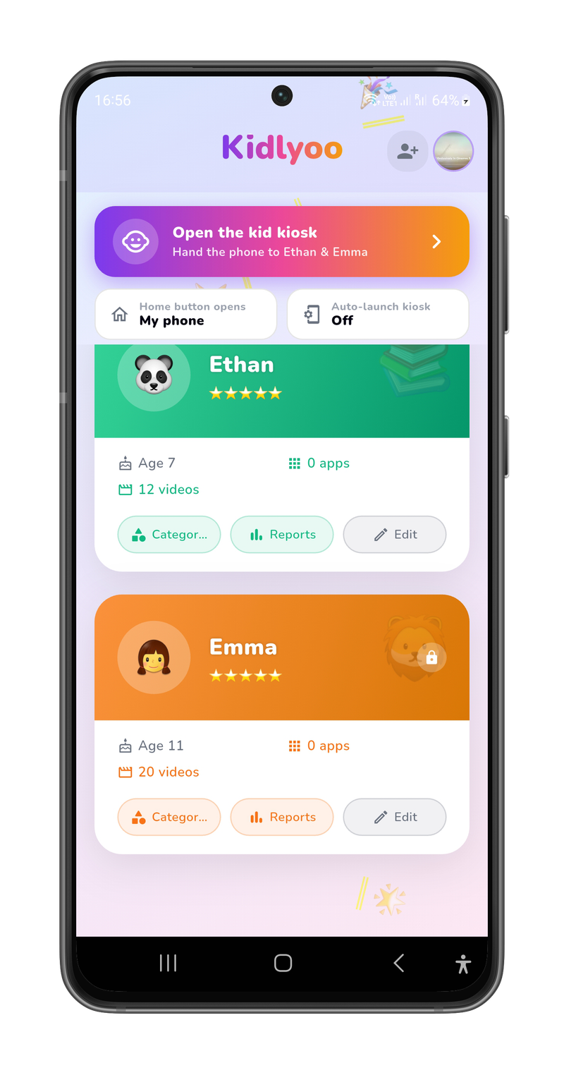 Kidlyoo parent dashboard with two child profiles, an Open Kiosk button, and status banner saying setup is complete.